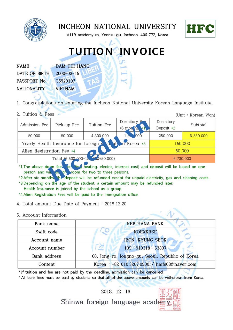 Invoice của học viên HFC